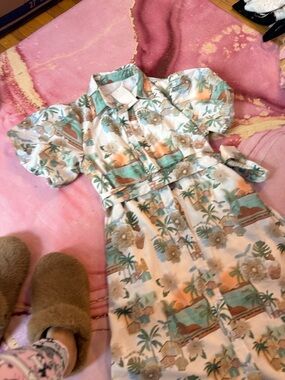 Tropical Print Midi Shirt Dress in Cream & Teal
